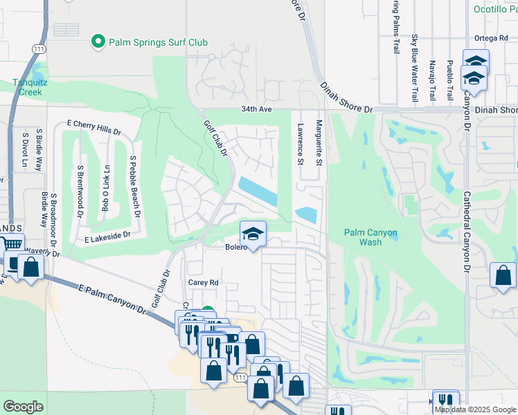 map of restaurants, bars, coffee shops, grocery stores, and more near 58 Portola Drive in Palm Springs