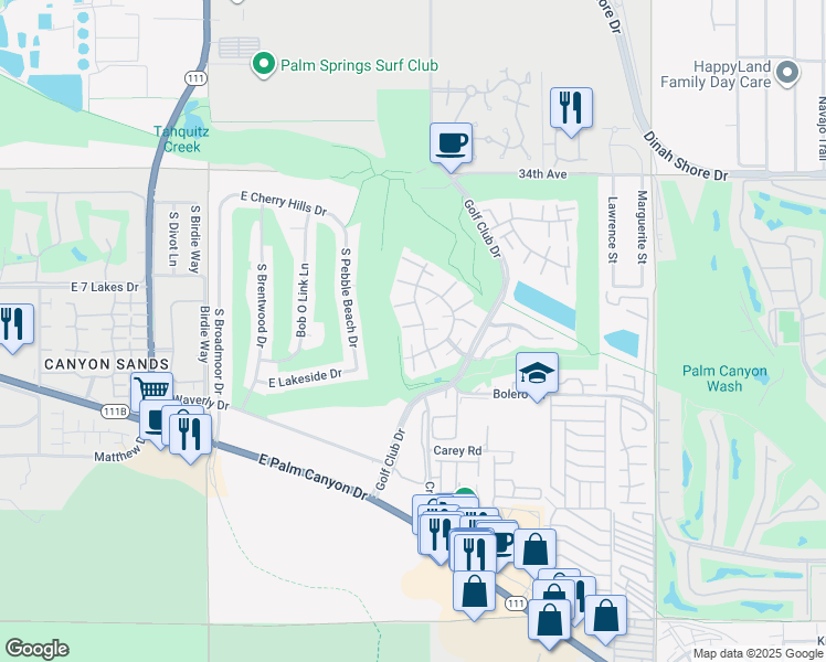 map of restaurants, bars, coffee shops, grocery stores, and more near 2357 Los Patos Drive in Palm Springs