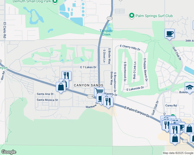 map of restaurants, bars, coffee shops, grocery stores, and more near 2330 East Miramonte Circle in Palm Springs