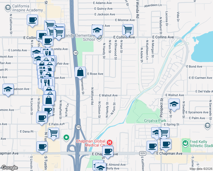 map of restaurants, bars, coffee shops, grocery stores, and more near 2526 East Hamilton Avenue in Orange