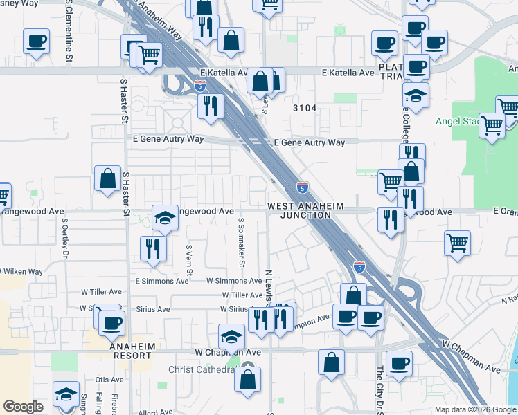 map of restaurants, bars, coffee shops, grocery stores, and more near 835 East Orangewood Avenue in Anaheim