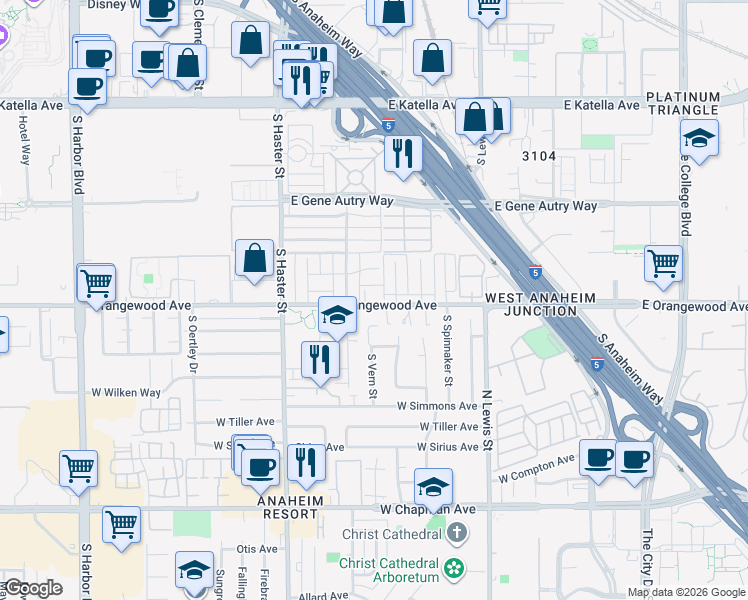 map of restaurants, bars, coffee shops, grocery stores, and more near 313 East Orangewood Avenue in Anaheim