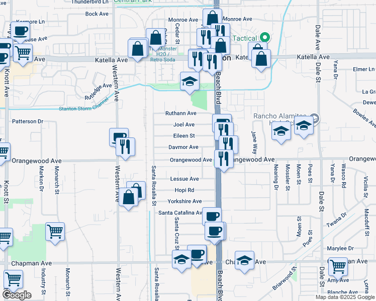 map of restaurants, bars, coffee shops, grocery stores, and more near 7812 Davmor Avenue in Stanton