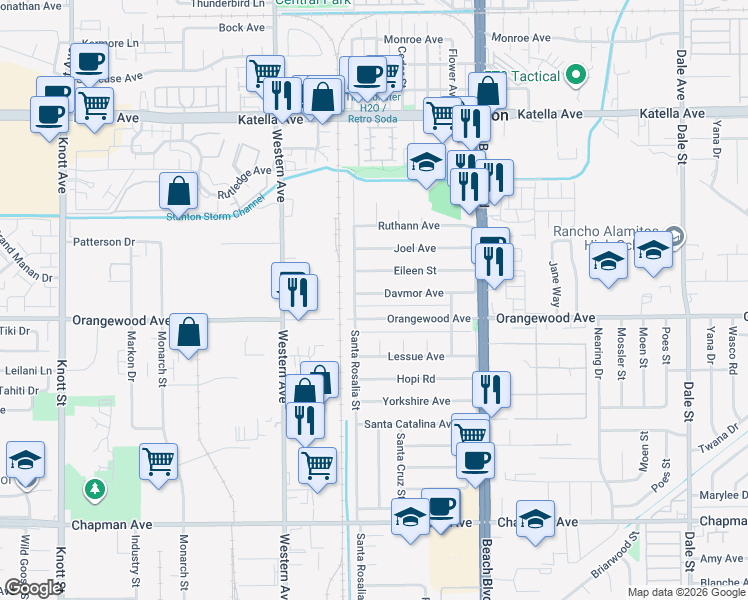 map of restaurants, bars, coffee shops, grocery stores, and more near 7732 Davmor Avenue in Stanton