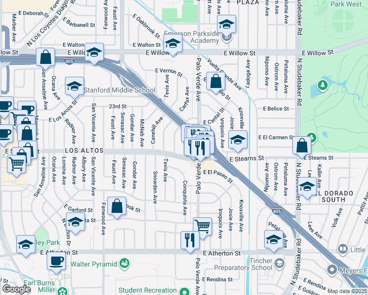 map of restaurants, bars, coffee shops, grocery stores, and more near 26 Woodruff Avenue in Long Beach