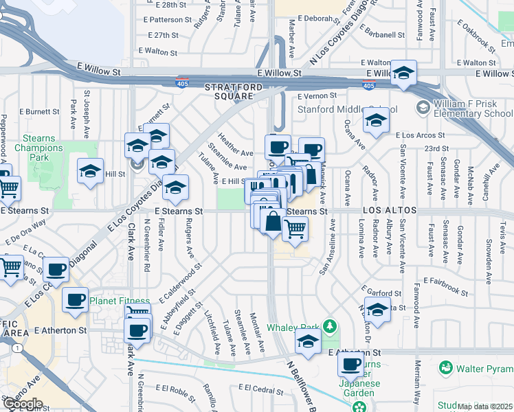 map of restaurants, bars, coffee shops, grocery stores, and more near 2208 Montair Avenue in Long Beach