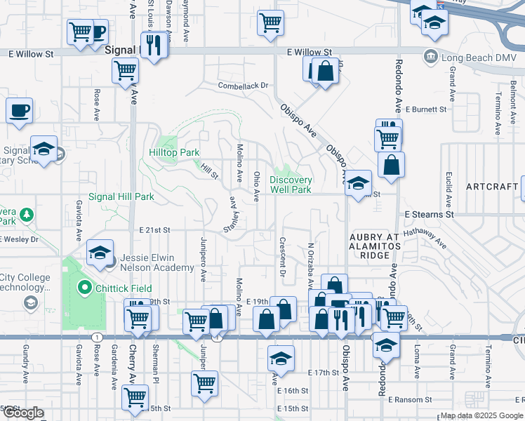map of restaurants, bars, coffee shops, grocery stores, and more near 2164 Ohio Avenue in Signal Hill