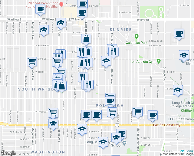 map of restaurants, bars, coffee shops, grocery stores, and more near 2162 Elm Avenue in Long Beach