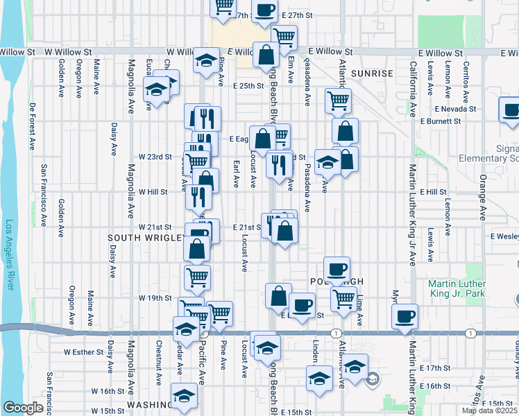 map of restaurants, bars, coffee shops, grocery stores, and more near 2145 Long Beach Boulevard in Long Beach