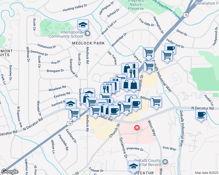 map of restaurants, bars, coffee shops, grocery stores, and more near 205 Tuxworth Circle in Decatur