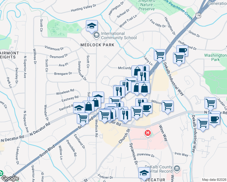 map of restaurants, bars, coffee shops, grocery stores, and more near 901 Tuxworth Circle in Decatur