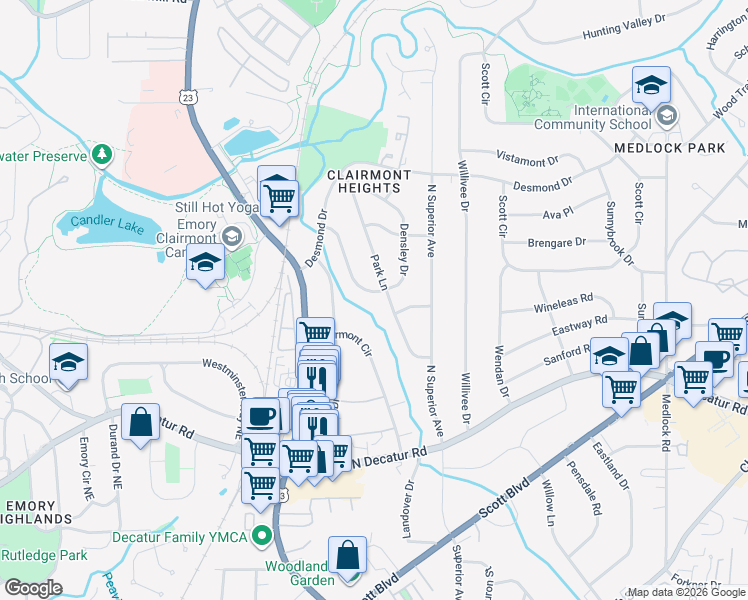 map of restaurants, bars, coffee shops, grocery stores, and more near 651 Densley Drive in Decatur