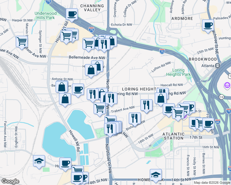 map of restaurants, bars, coffee shops, grocery stores, and more near 1527 Northside Drive Northwest in Atlanta