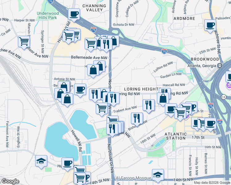 map of restaurants, bars, coffee shops, grocery stores, and more near 1527 Northside Drive Northwest in Atlanta