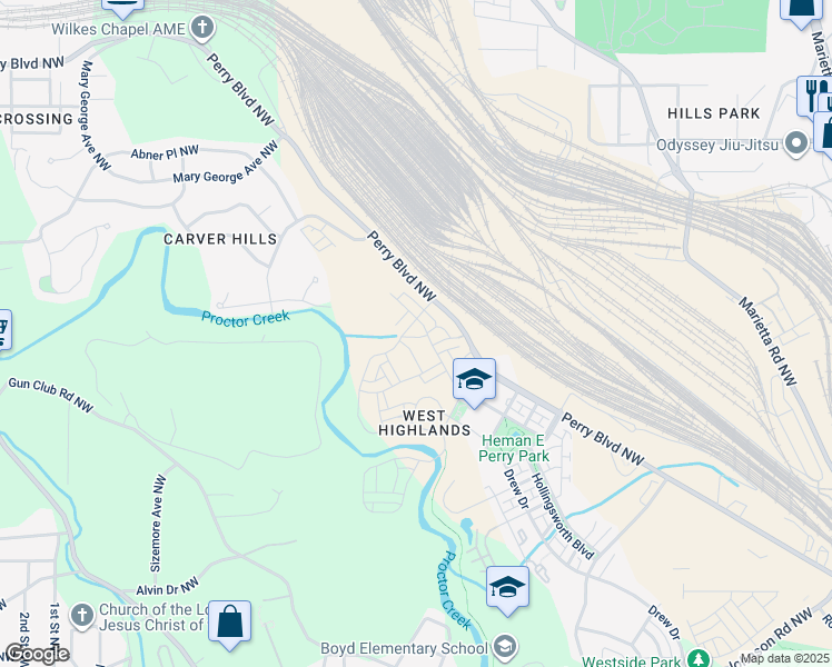 map of restaurants, bars, coffee shops, grocery stores, and more near 1950 Northwest Jeffery Road in Atlanta
