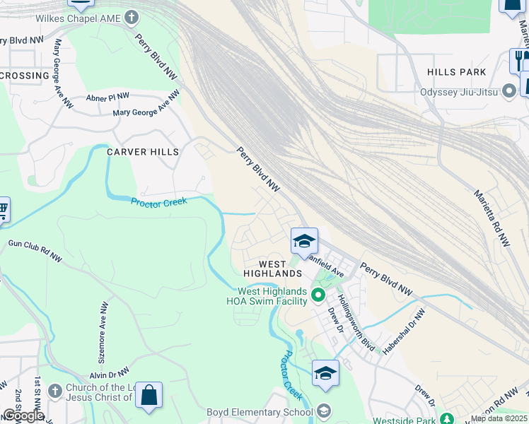 map of restaurants, bars, coffee shops, grocery stores, and more near Jeffery Road Northwest in Atlanta