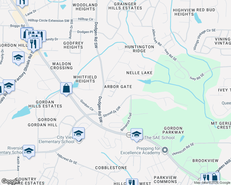 map of restaurants, bars, coffee shops, grocery stores, and more near 6564 Arbor Gate Drive Southwest in Mableton