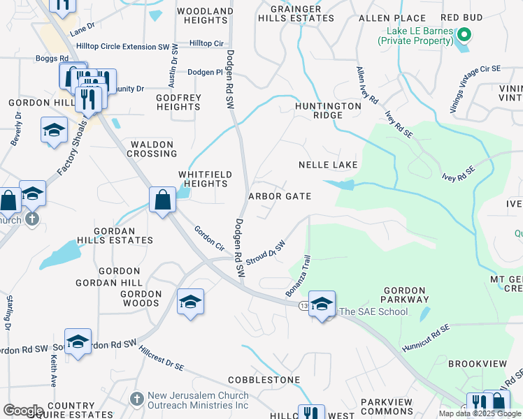 map of restaurants, bars, coffee shops, grocery stores, and more near 6564 Arbor Gate Drive Southwest in Mableton