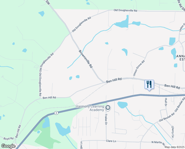 map of restaurants, bars, coffee shops, grocery stores, and more near 6505 Brownsville Road in Lithia Springs