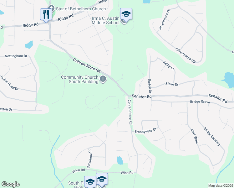 map of restaurants, bars, coffee shops, grocery stores, and more near 76 Hale Haven Drive in Douglasville