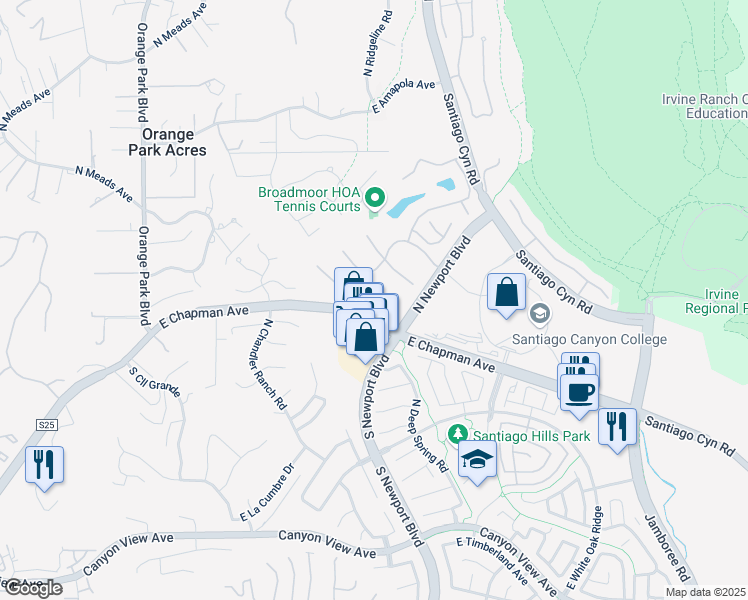 map of restaurants, bars, coffee shops, grocery stores, and more near 7634 E Twinleaf Trail in Orange