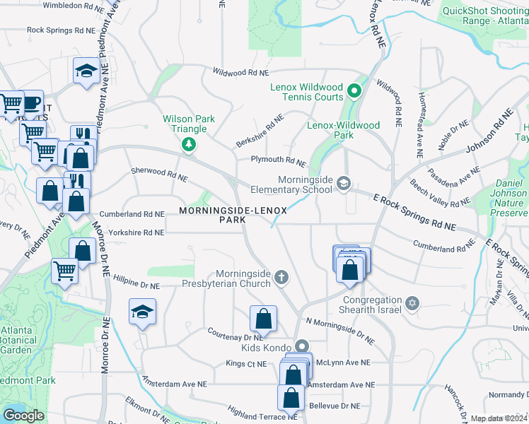 map of restaurants, bars, coffee shops, grocery stores, and more near 902 Cumberland Road Northeast in Atlanta