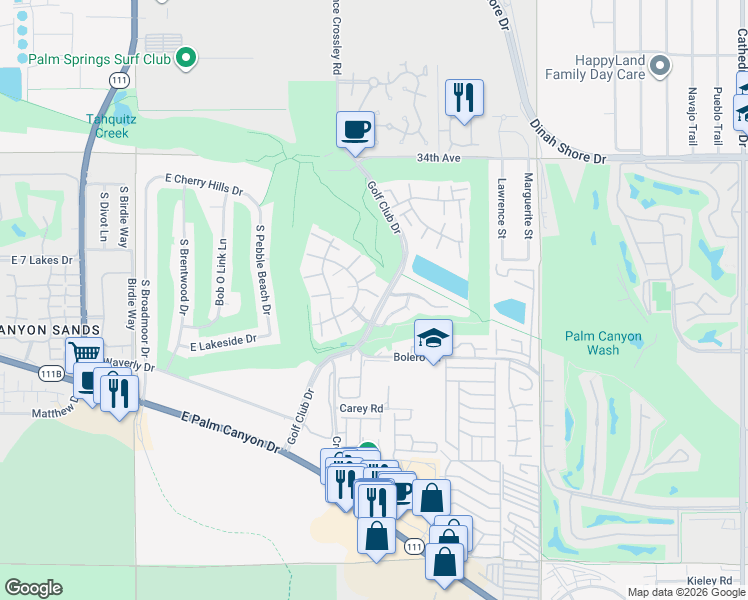 map of restaurants, bars, coffee shops, grocery stores, and more near 2420 Los Coyotes Drive in Palm Springs