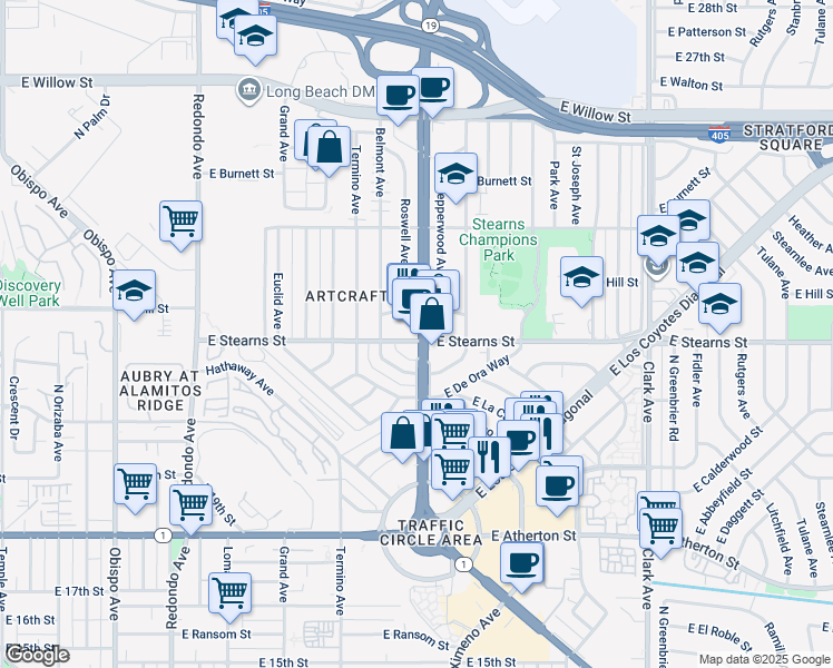 map of restaurants, bars, coffee shops, grocery stores, and more near 2257 North Lakewood Boulevard in Long Beach