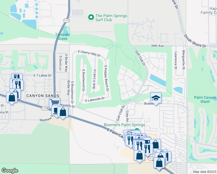 map of restaurants, bars, coffee shops, grocery stores, and more near 2358 South Pebble Beach Drive in Palm Springs