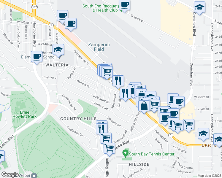 map of restaurants, bars, coffee shops, grocery stores, and more near Newton St & Bigelow Rd in Torrance