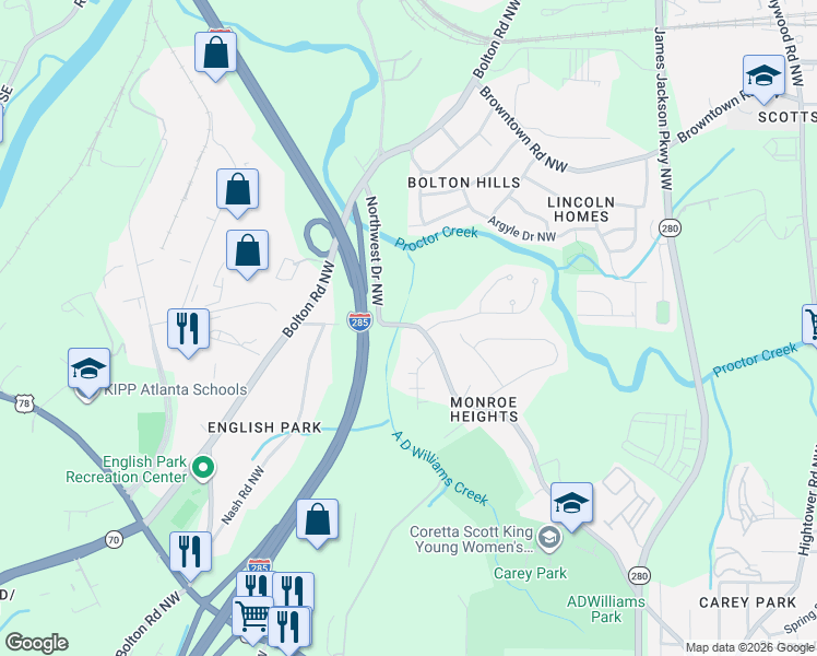 map of restaurants, bars, coffee shops, grocery stores, and more near 1550 Northwest Drive Northwest in Atlanta