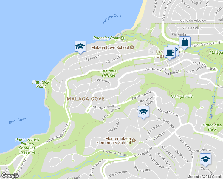 map of restaurants, bars, coffee shops, grocery stores, and more near 732 Vía Del Monte in Palos Verdes Peninsula