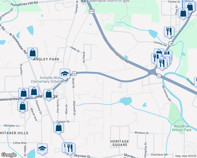 map of restaurants, bars, coffee shops, grocery stores, and more near 2340 Paces Estates Drive in Lithia Springs