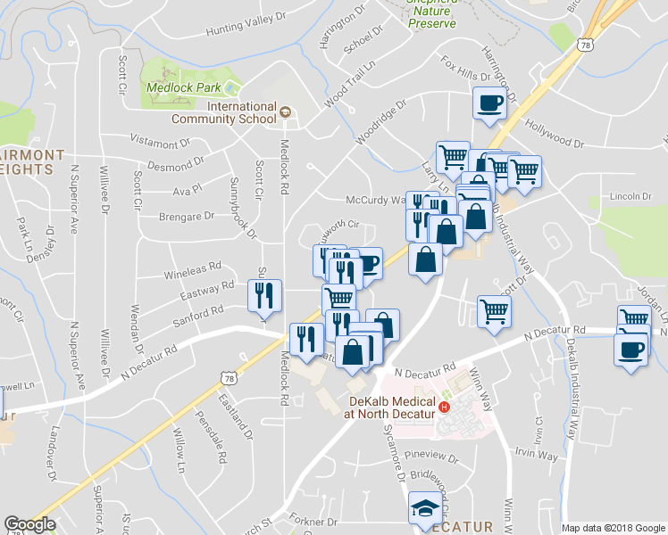 map of restaurants, bars, coffee shops, grocery stores, and more near 901 Tuxworth Circle in Decatur