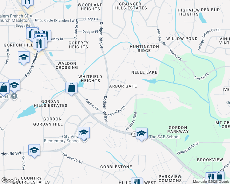 map of restaurants, bars, coffee shops, grocery stores, and more near 6578 Arbor Gate Drive Southwest in Mableton