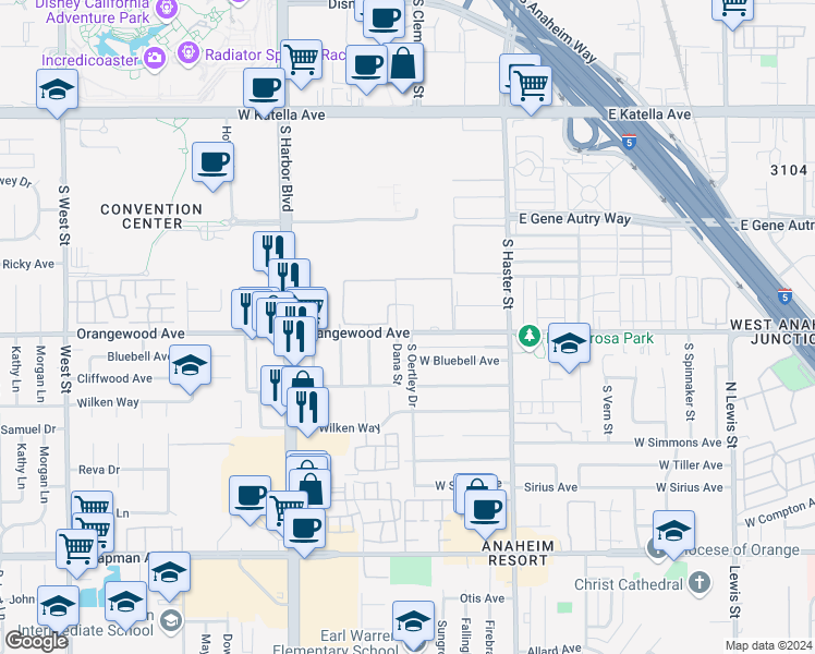 map of restaurants, bars, coffee shops, grocery stores, and more near 348 West Orangewood Avenue in Anaheim