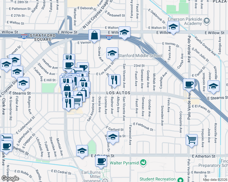 map of restaurants, bars, coffee shops, grocery stores, and more near in Long Beach