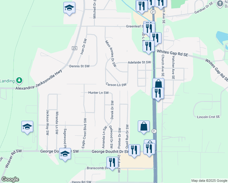 map of restaurants, bars, coffee shops, grocery stores, and more near 1100 Derek Drive Southwest in Jacksonville