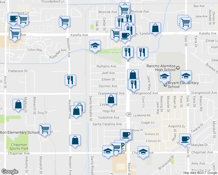 map of restaurants, bars, coffee shops, grocery stores, and more near 7812 Davmor Avenue in Stanton