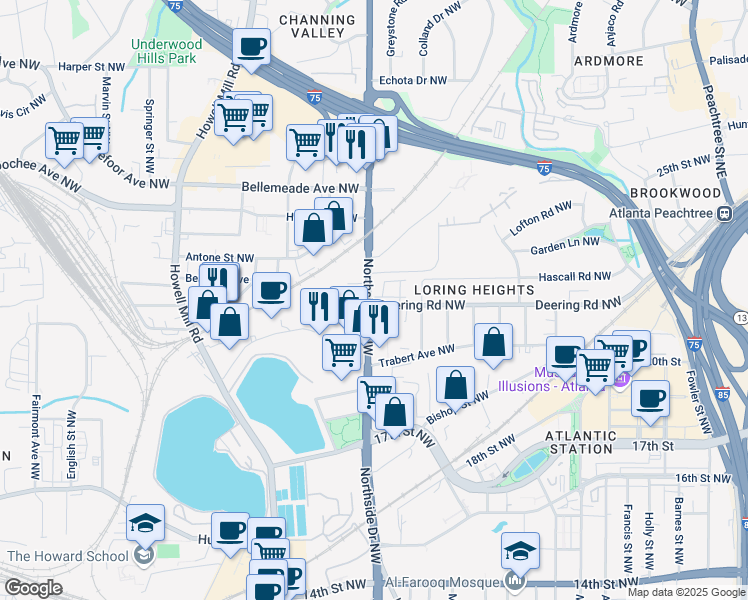 map of restaurants, bars, coffee shops, grocery stores, and more near in Atlanta