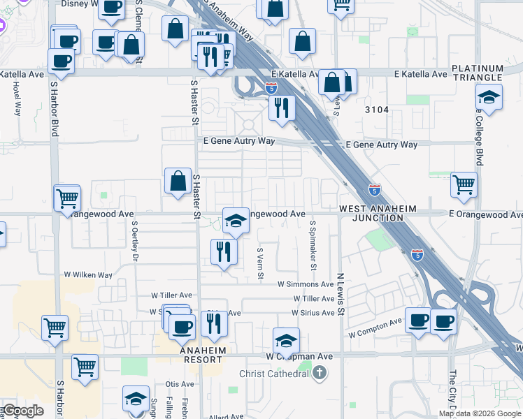 map of restaurants, bars, coffee shops, grocery stores, and more near 313 East Orangewood Avenue in Anaheim