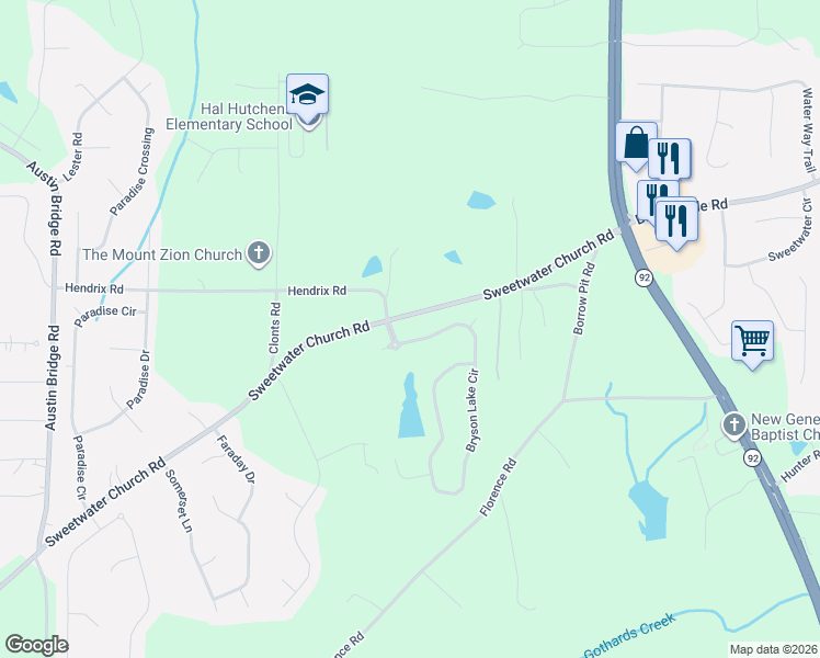 map of restaurants, bars, coffee shops, grocery stores, and more near 565 Sweetwater Church Road in Douglasville