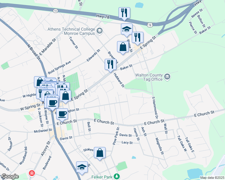 map of restaurants, bars, coffee shops, grocery stores, and more near 311 Mobley Circle in Monroe