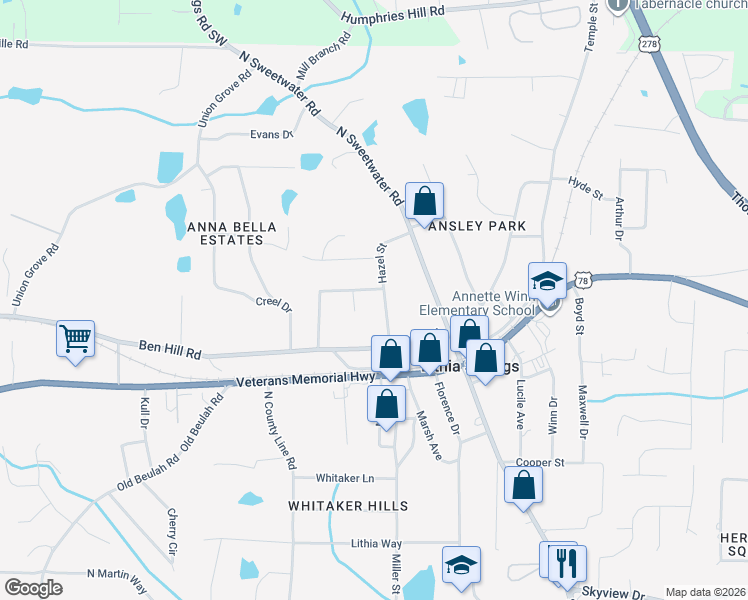 map of restaurants, bars, coffee shops, grocery stores, and more near 3776 Fitzgerald Street in Lithia Springs