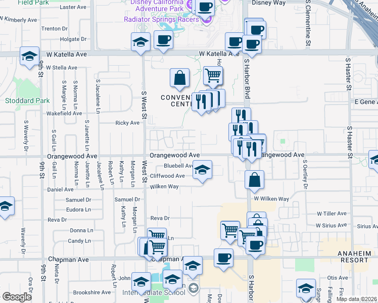 map of restaurants, bars, coffee shops, grocery stores, and more near 827 West Orangewood Avenue in Anaheim