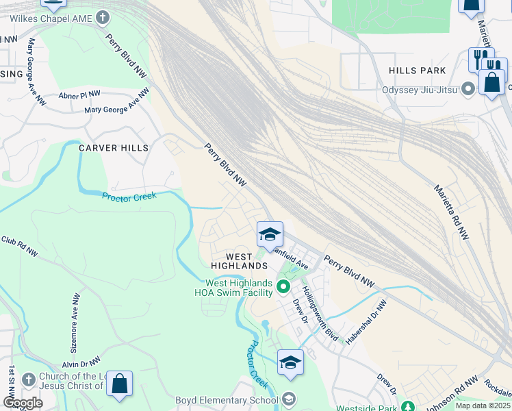 map of restaurants, bars, coffee shops, grocery stores, and more near 1976 Boyd Trace Lane in Atlanta