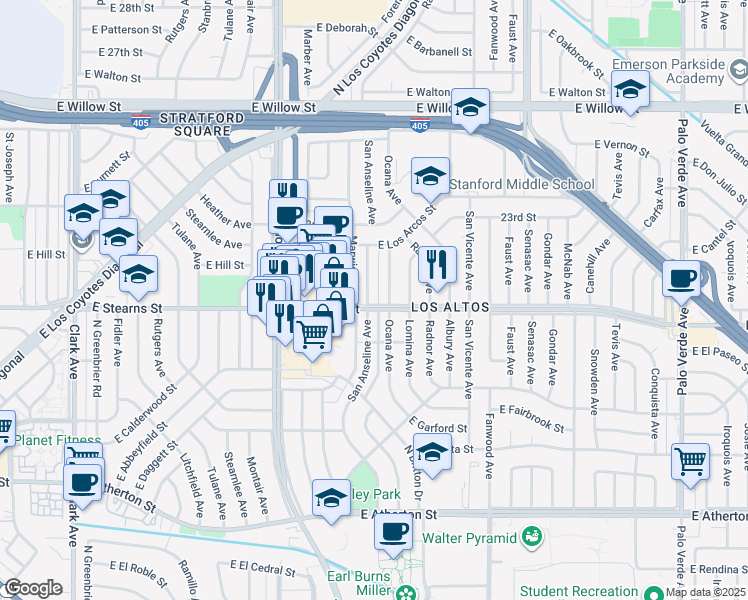 map of restaurants, bars, coffee shops, grocery stores, and more near 2206 San Anseline Avenue in Long Beach