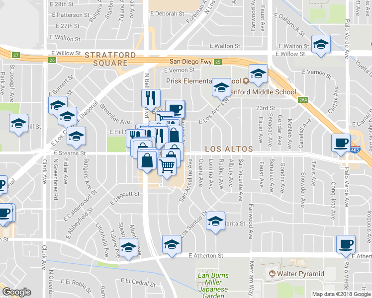 map of restaurants, bars, coffee shops, grocery stores, and more near 2205 San Anseline Avenue in Long Beach