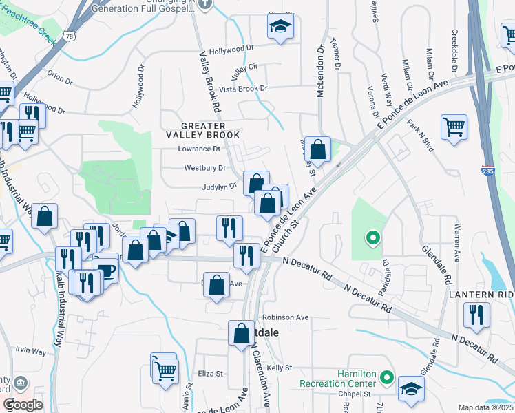 map of restaurants, bars, coffee shops, grocery stores, and more near 640 Valley Brook Road in Decatur