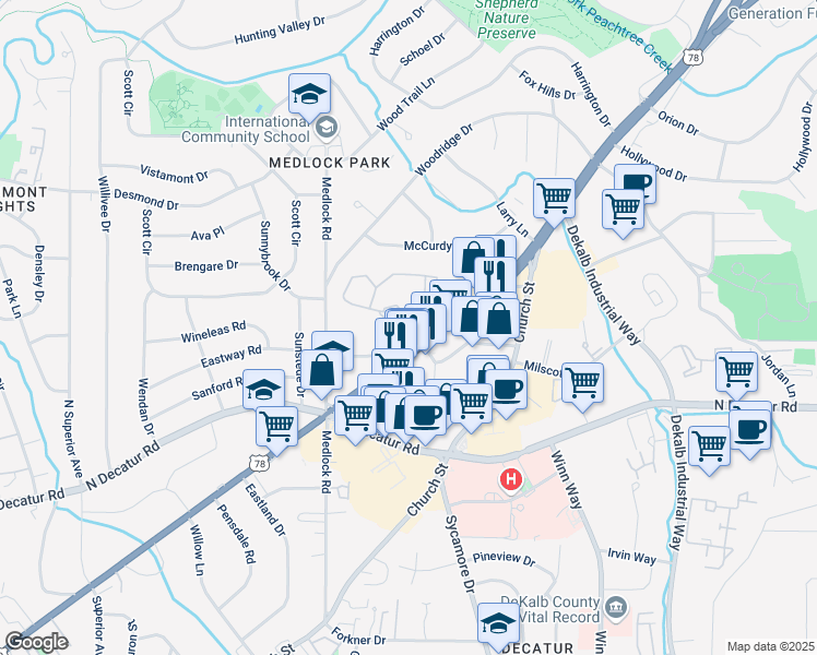 map of restaurants, bars, coffee shops, grocery stores, and more near 205 Tuxworth Circle in Decatur